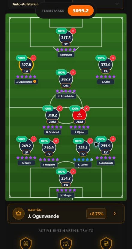 Fobly’s lineup screen on a smartphone, showing eleven players on the pitch