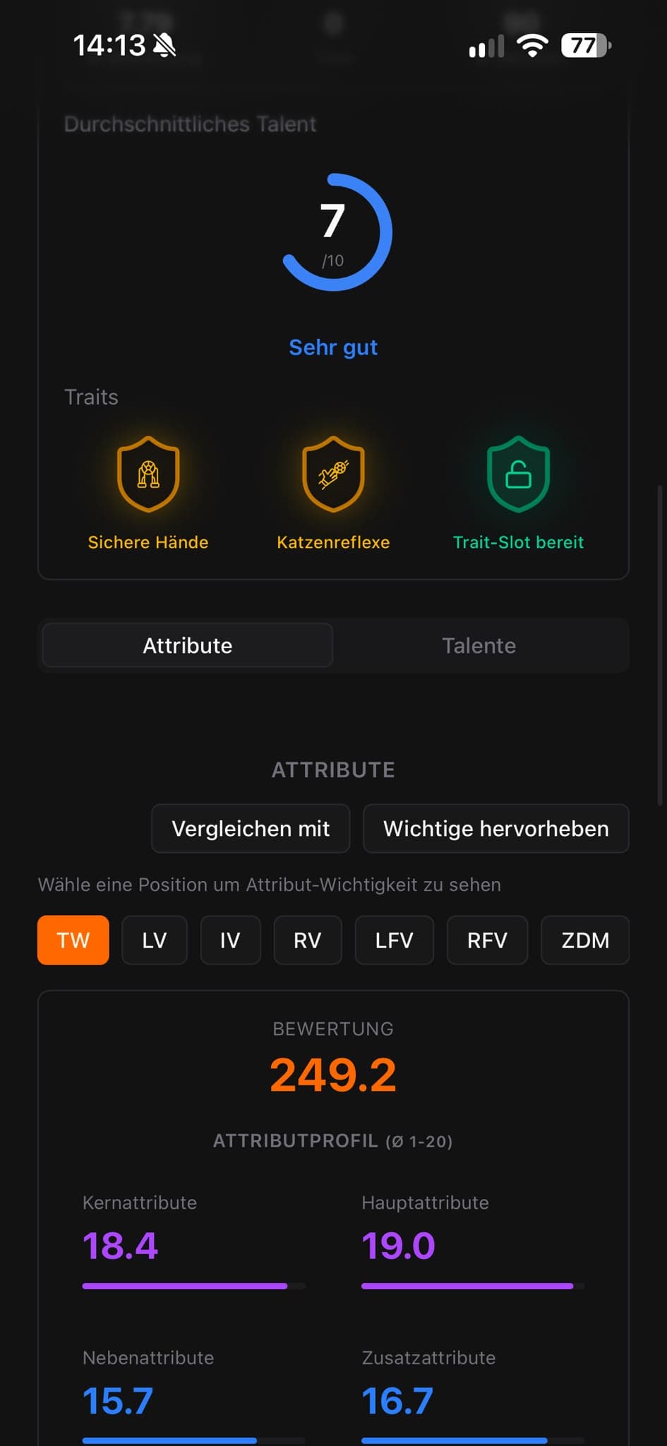 Fobly’s mobile detail view with talent, traits and position-specific attributes