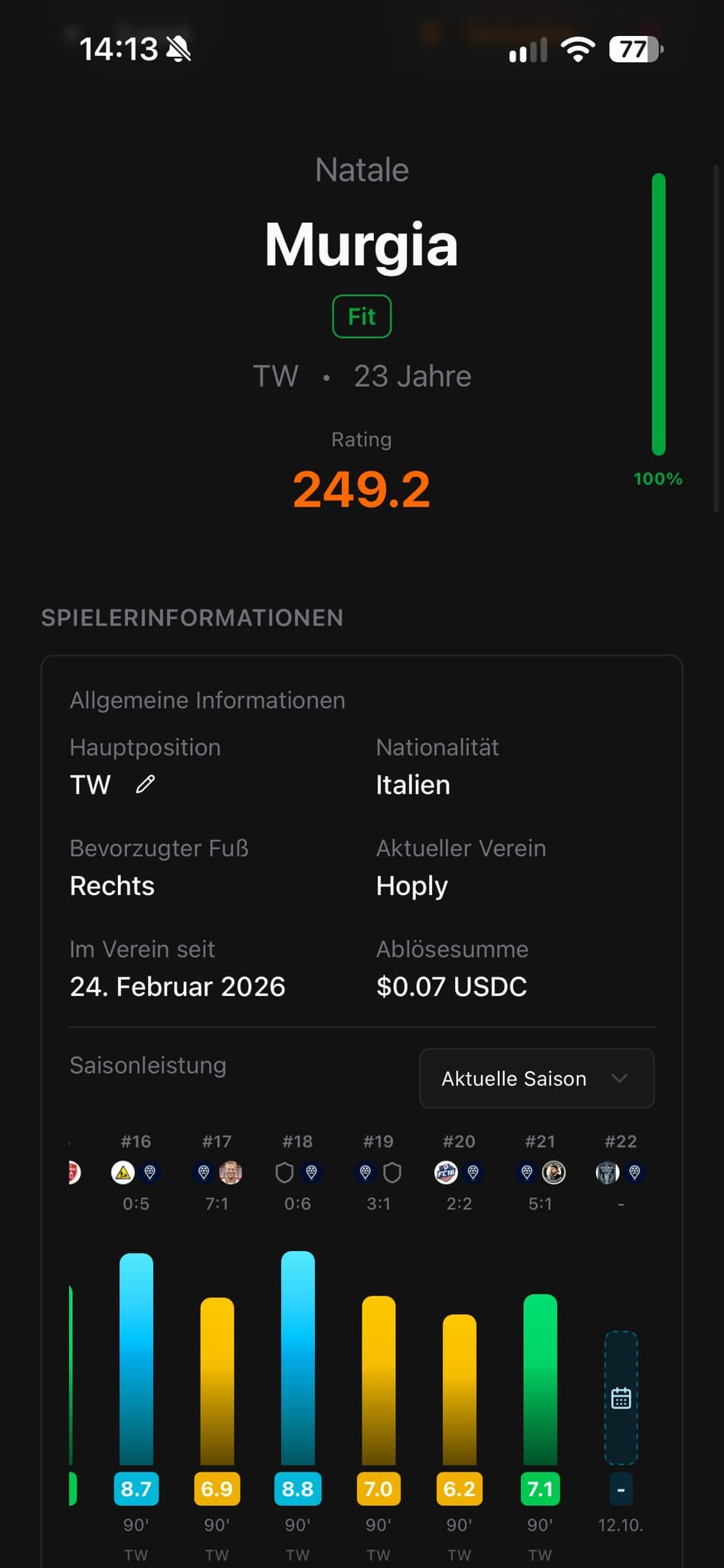 Natale Murgia’s mobile Fobly player profile showing his rating, fitness and season stats