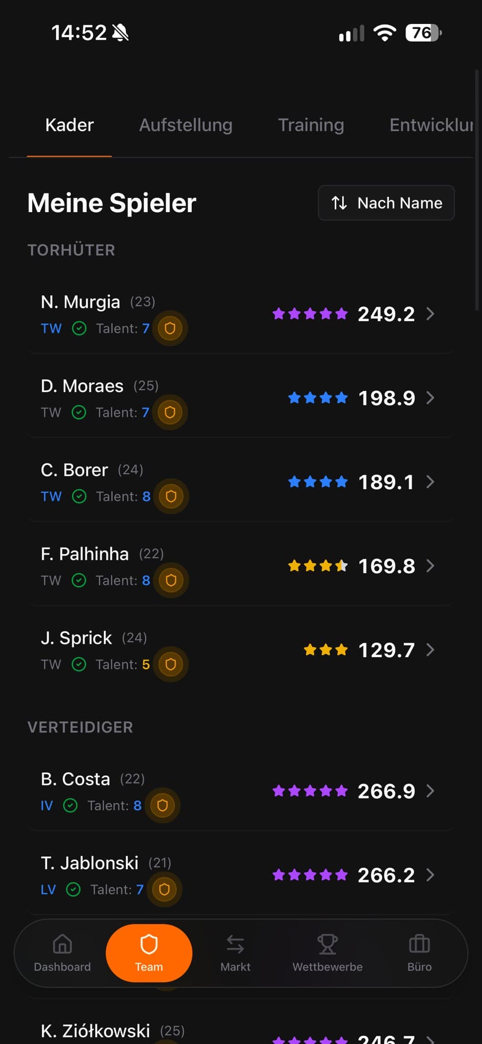 Actual Fobly mobile squad overview with players, talent, stars and positional ratings