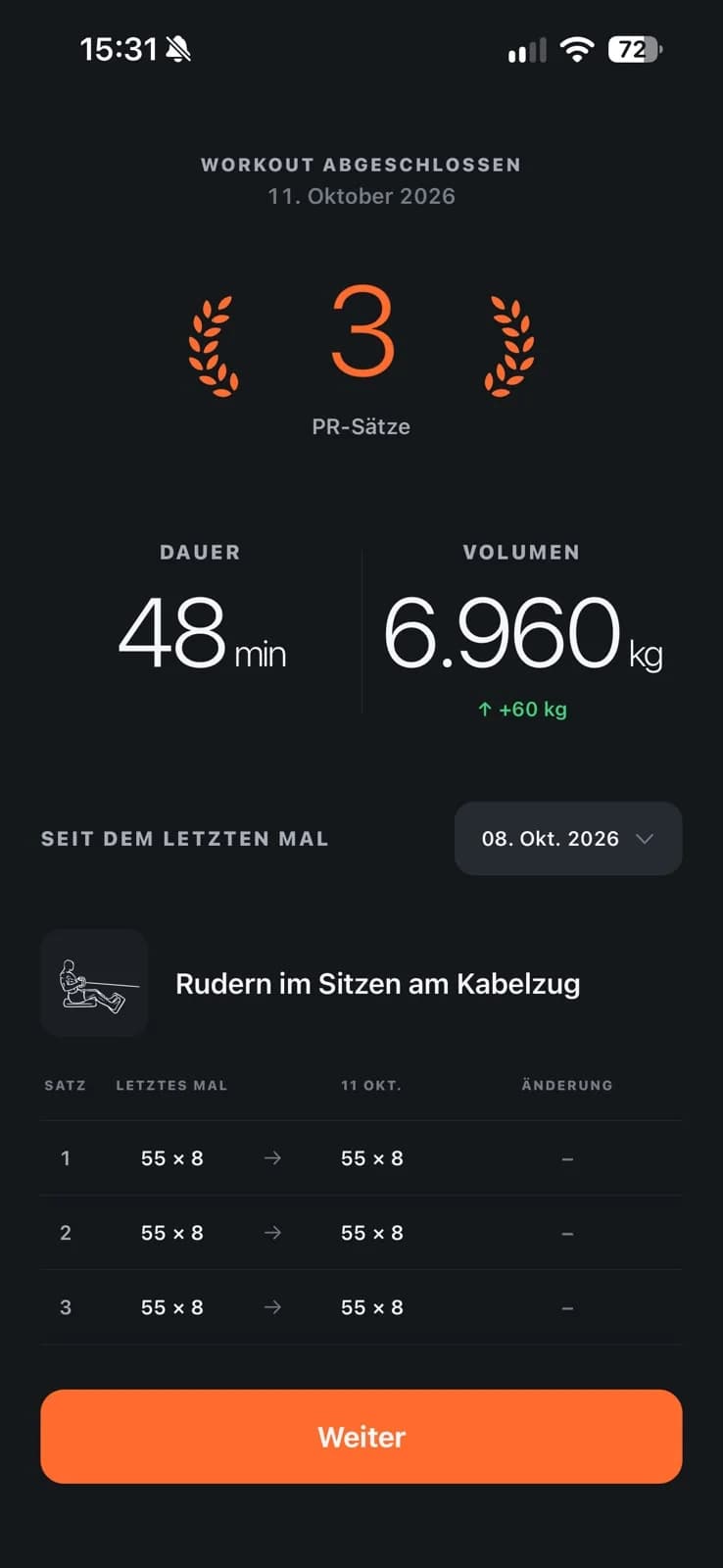 Workout summary showing three personal-best sets, 48 minutes and 6,960 kilograms of total lifting volume