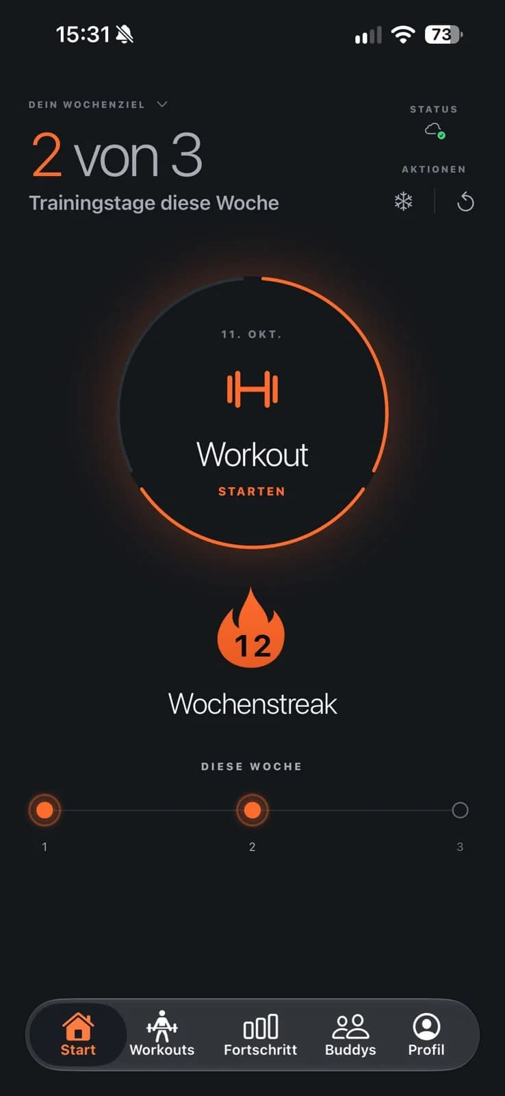 Pushed home screen showing two of three workout days completed and a twelve-week streak