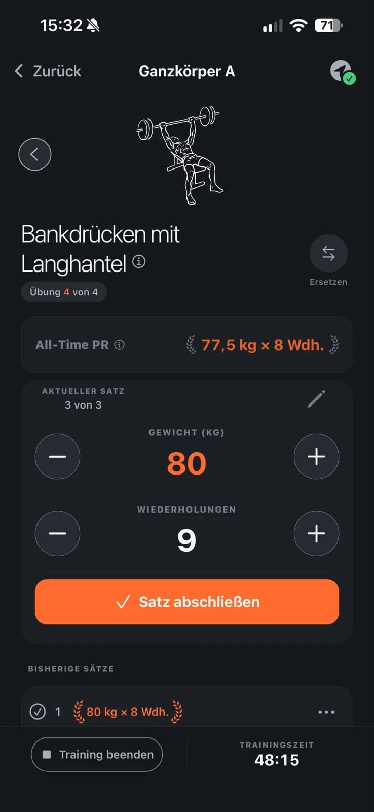 Bench press with a new personal best: 80 kilograms and nine reps