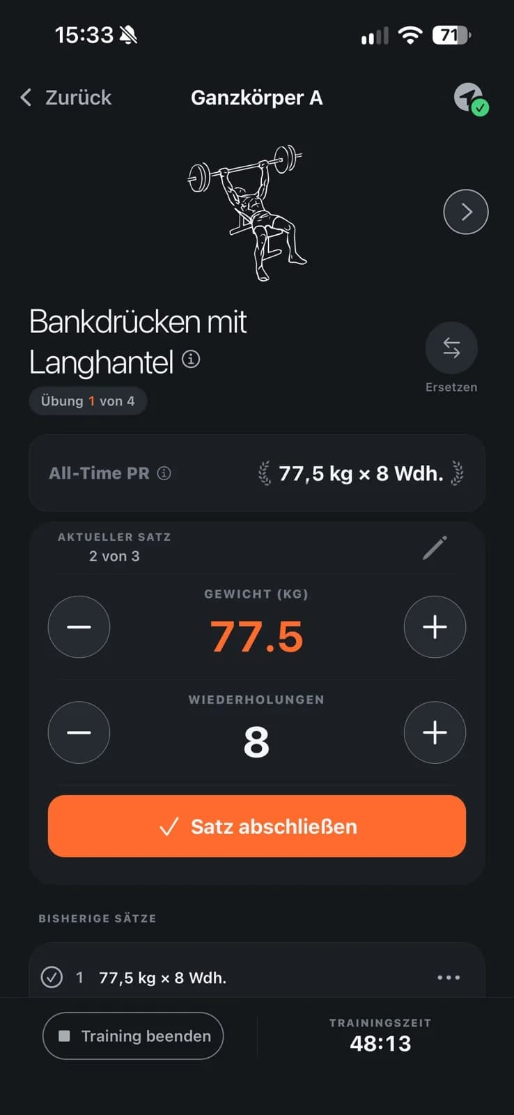 Bench press: entering 77.5 kilograms and eight reps